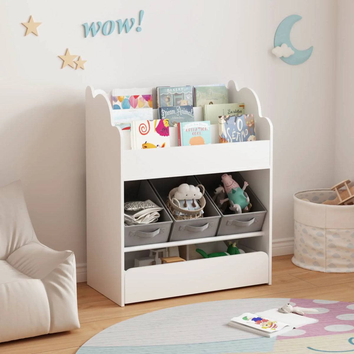Toddler Bookshelf | 3 Fabric Bins | Bottom Drawer | White