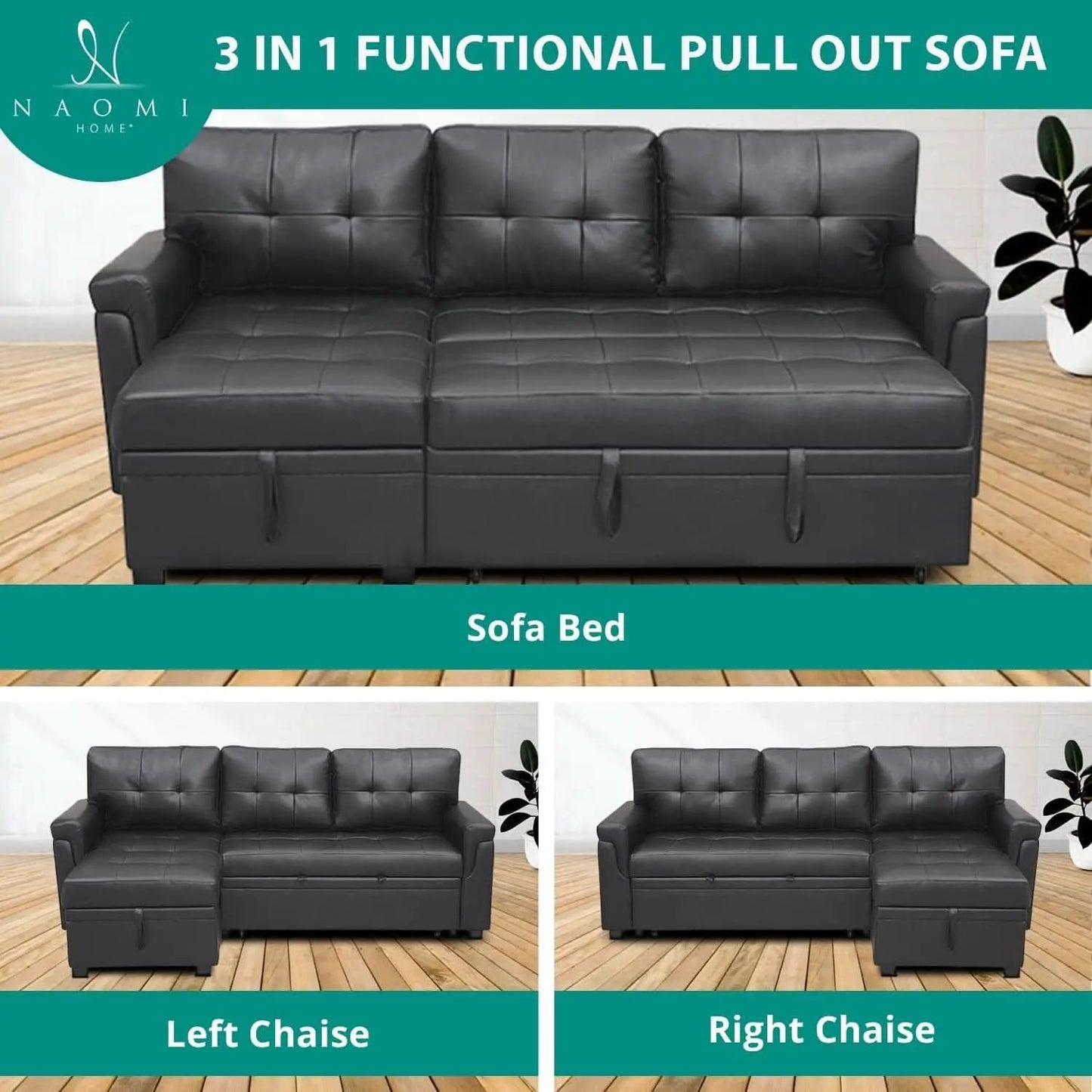 Sleeper Sectional Sofa Black Leather With Convertible Bed from PriceLows™