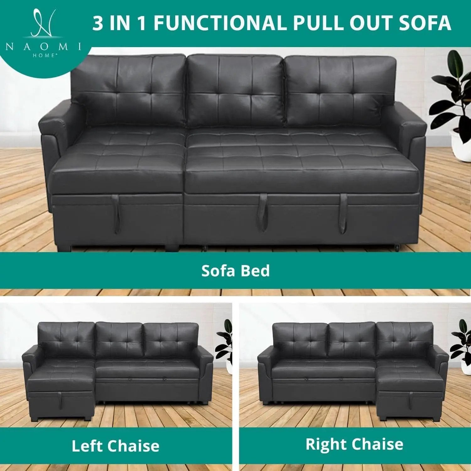 Sleeper Sectional Sofa Black Leather With Convertible Bed from PriceLows™