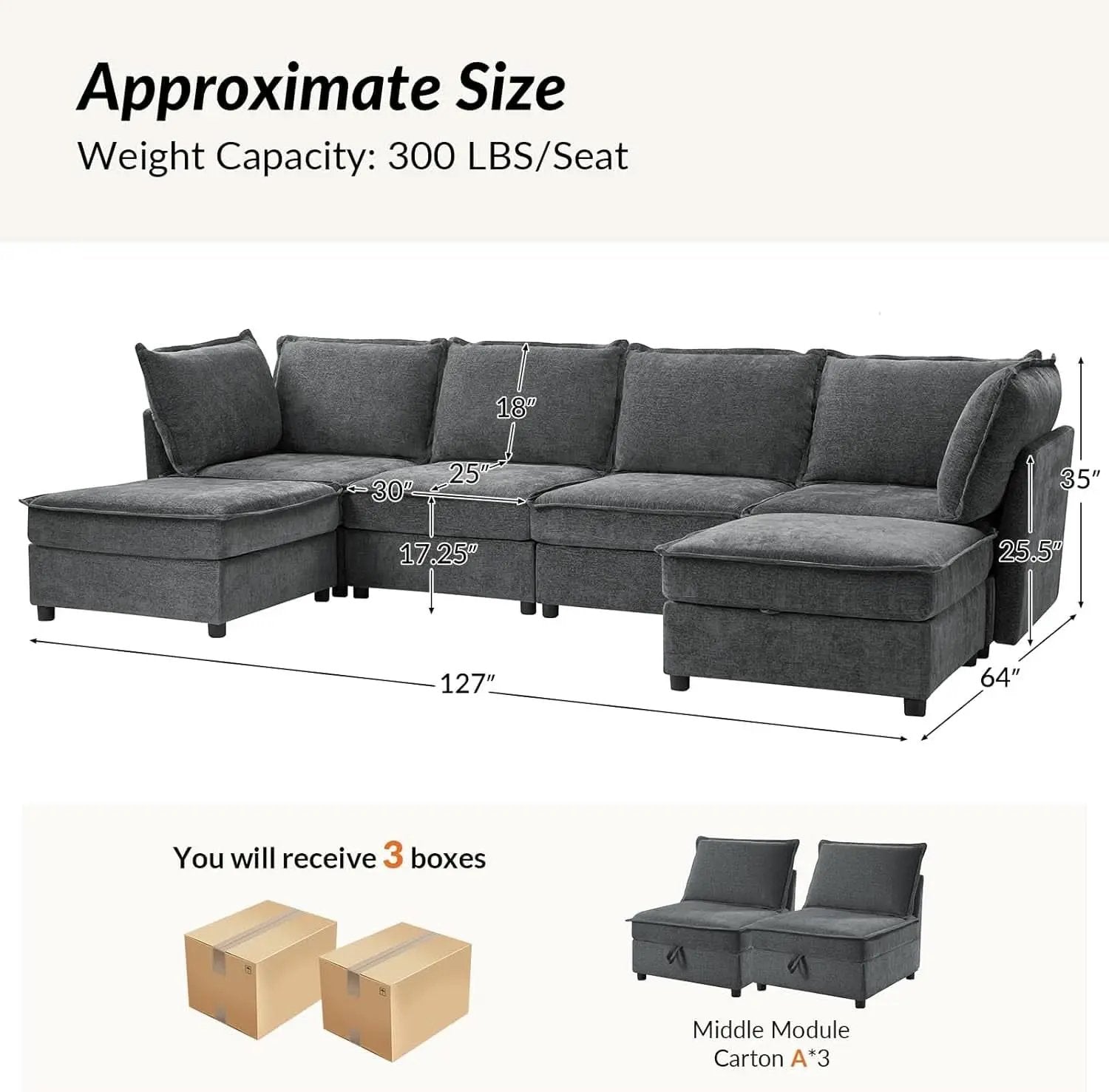 127 Inch Grey Modular Sectional Sofa With Storage Ottoman from PriceLows™
