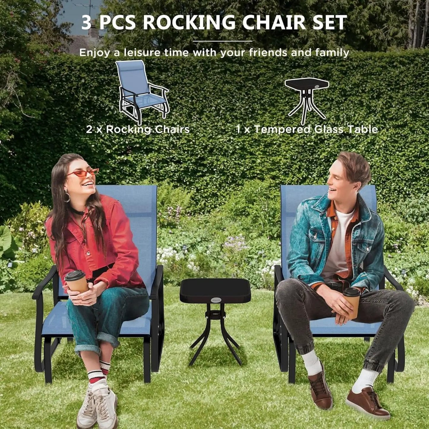Light Blue Outdoor Glider Set With Steel Frame Glass Table from PriceLows™