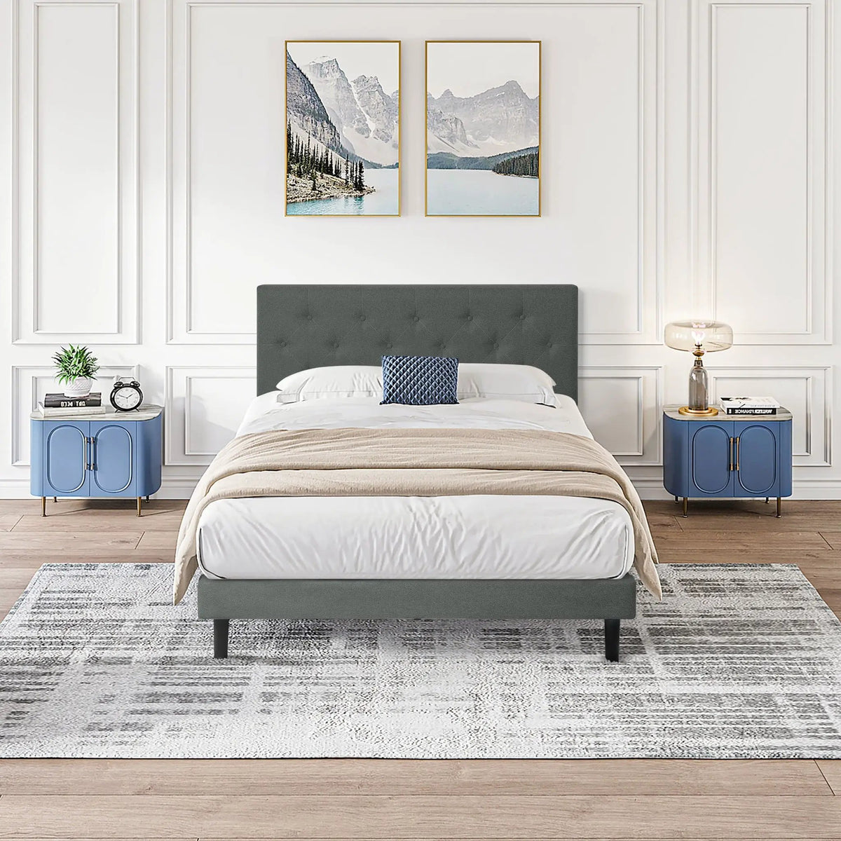 Platform Bed Frame | Button Tufted Headboard | Box Spring Free