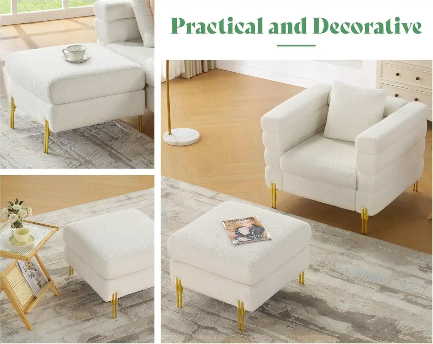 Oversized Off white Bouclé Fabric Ottoman With Metal Legs from PriceLows™