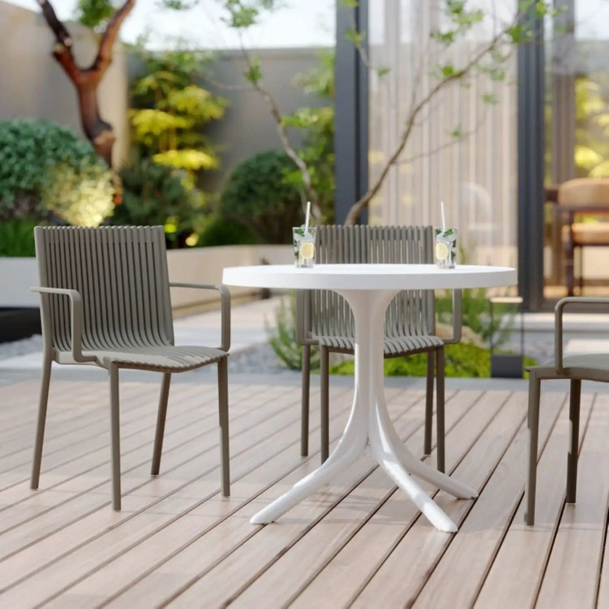 4 Modern Stackable Plastic Armchair Matched With Round Table 5 Piece Outdoor Set | 5 Piece Outdoor Set | Outdoor Living Furniture | Outdoor Living