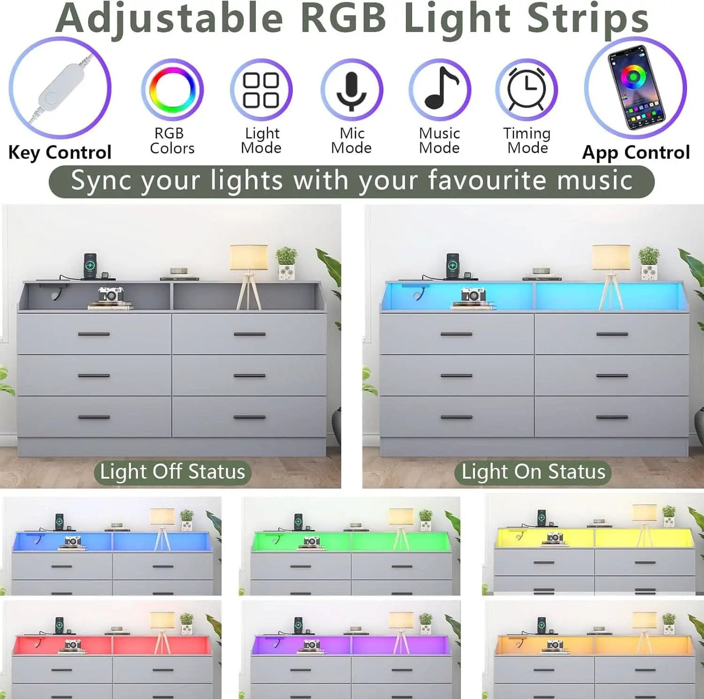 Grey Six Drawer Dresser With Power Outlet And USB Ports from PriceLows™
