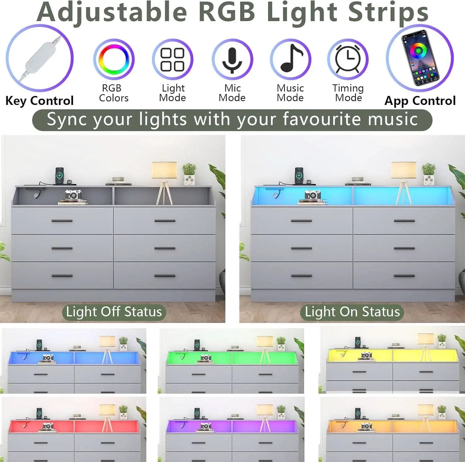 Grey Six Drawer Dresser With Power Outlet And USB Ports from PriceLows™