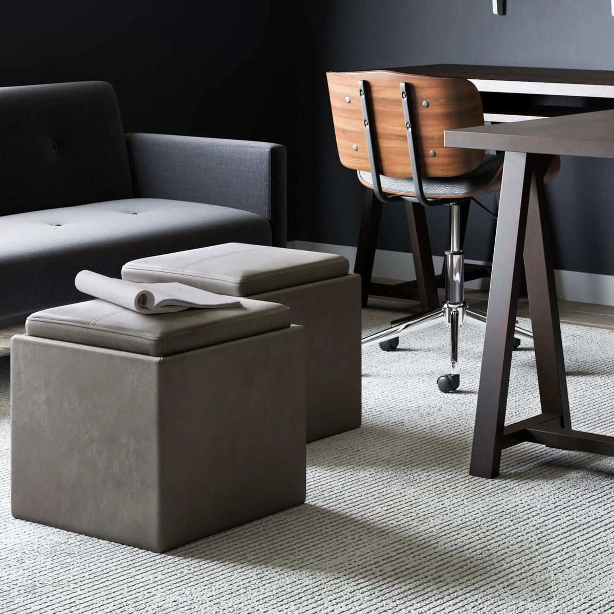 Rockwood Upholstered Cube Ottoman | Flip Over Serving Tray | Large Interior Storage | 16.9 Inch Cube