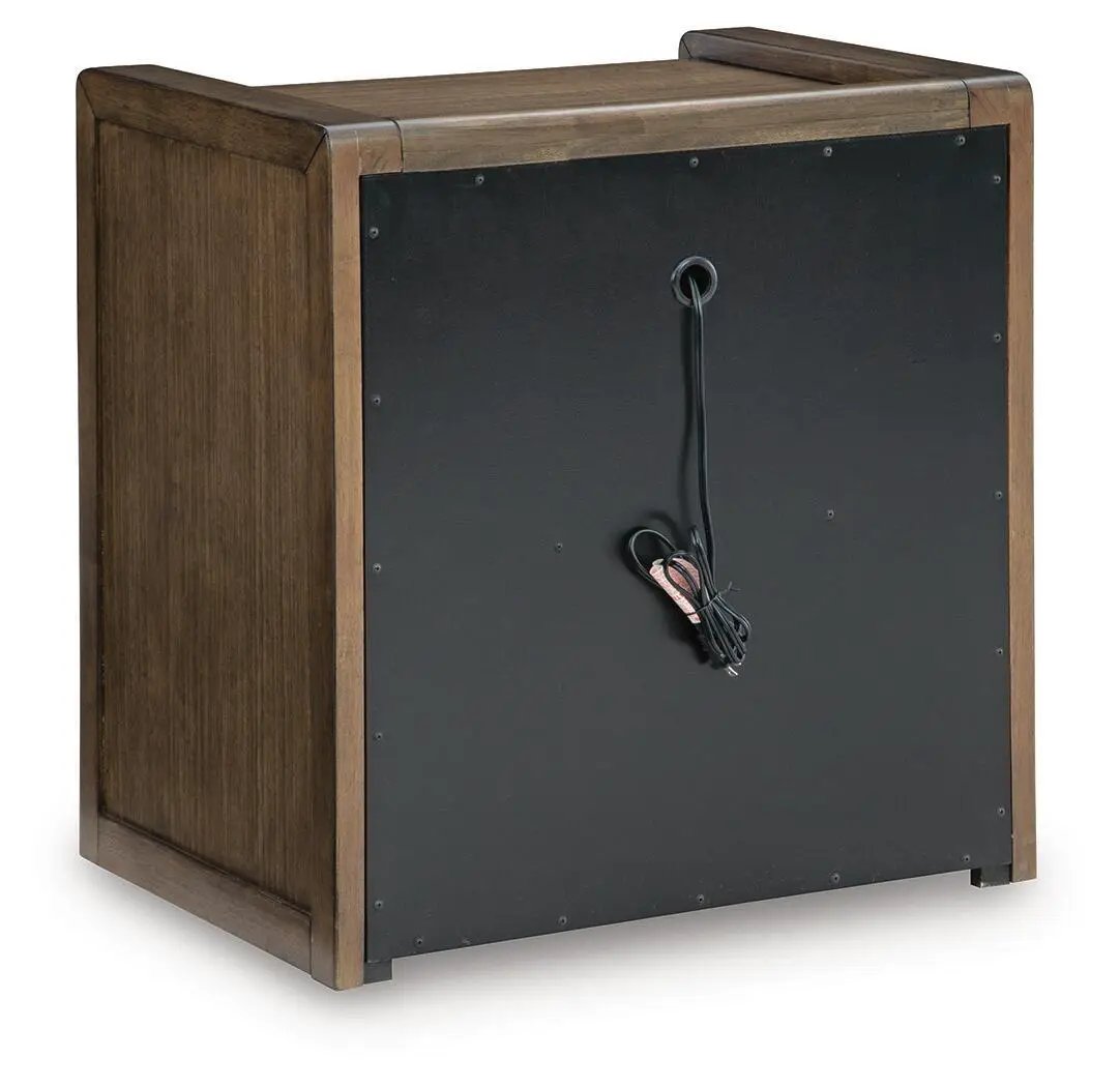 Marxmore Three Drawer Nightstand | Charging | Brown | Lined Top Drawer