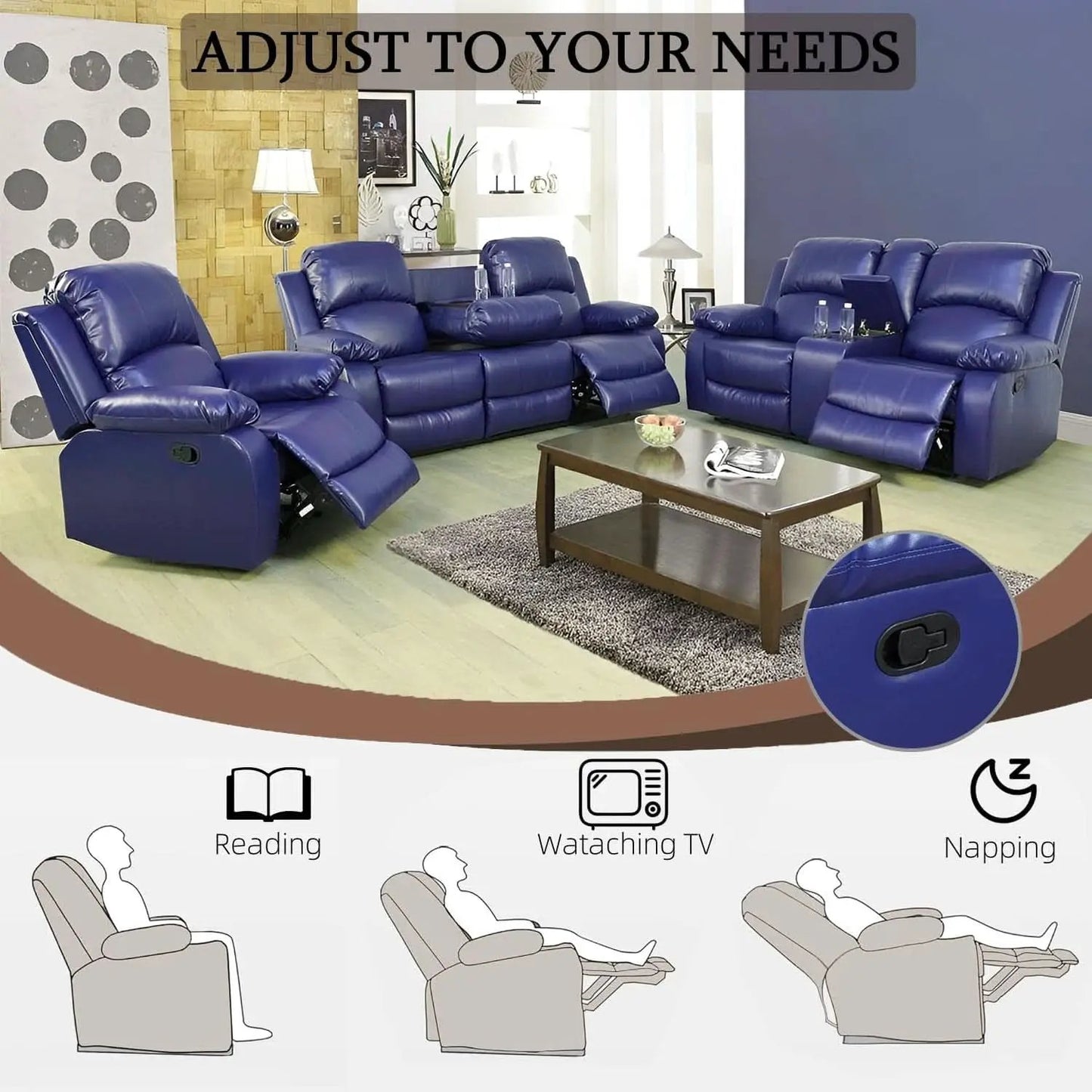 Dark Blue Leather Recliner Sofa Set For Living Room 3 Piece from PriceLows™