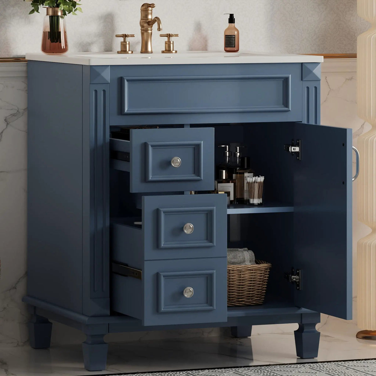 24 Inch Compact Bathroom Vanity | 2 Deep Drawers | Adjustable Shelf | Retro Button Handles