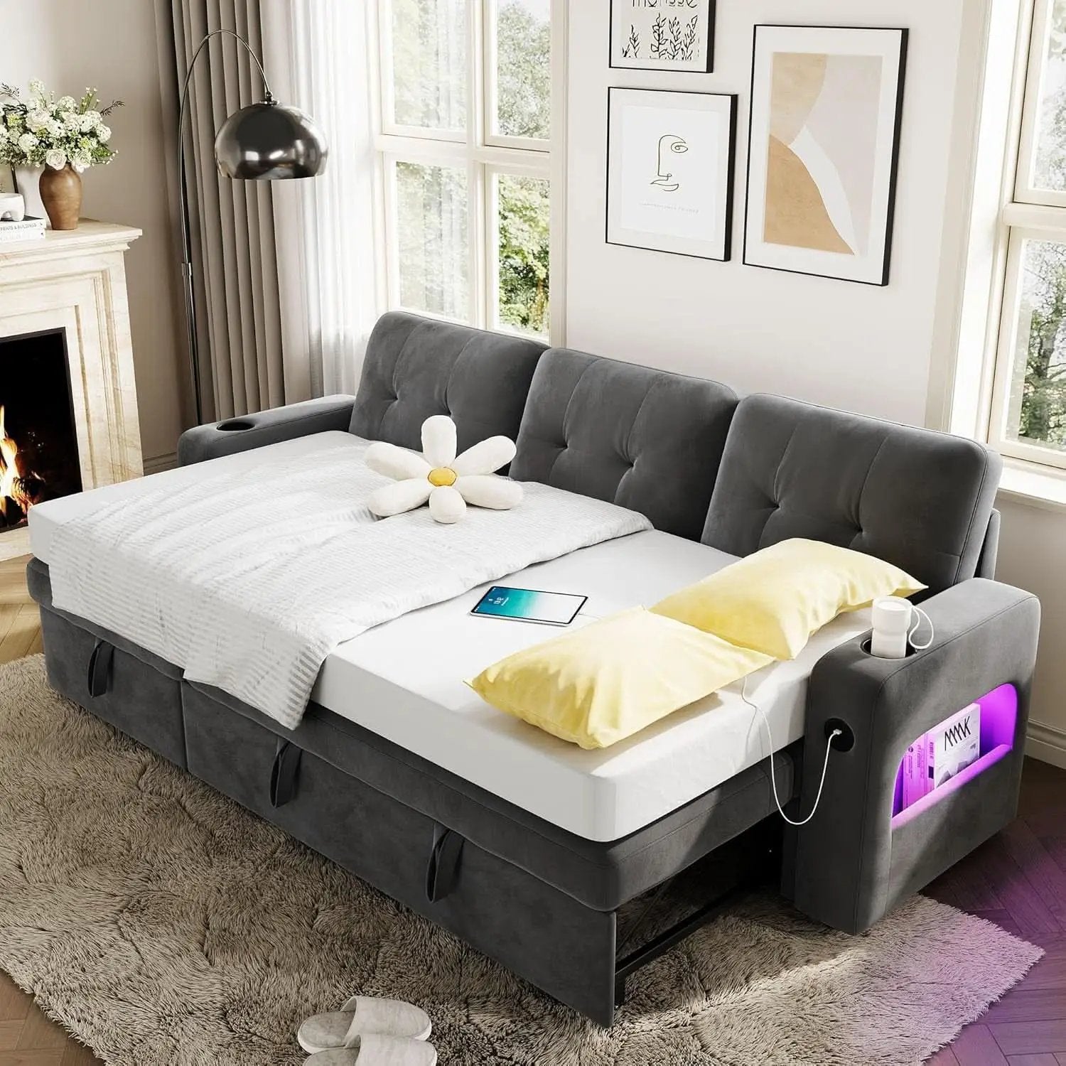 84 Inch Sleeper Sofa Bed Dark Grey Velvet With LED Storage from PriceLows™