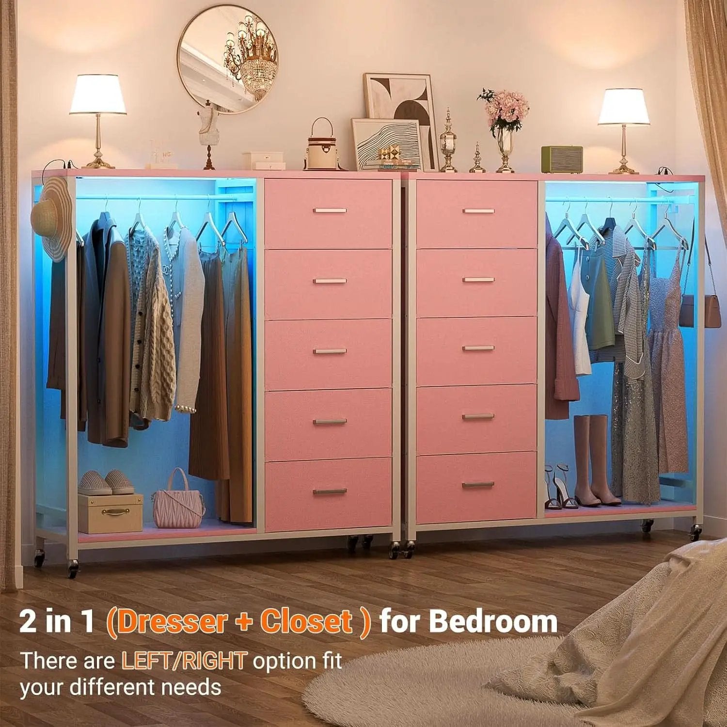 Pink Dresser With Clothes Rack 5 Drawers Charging Station from PriceLows™