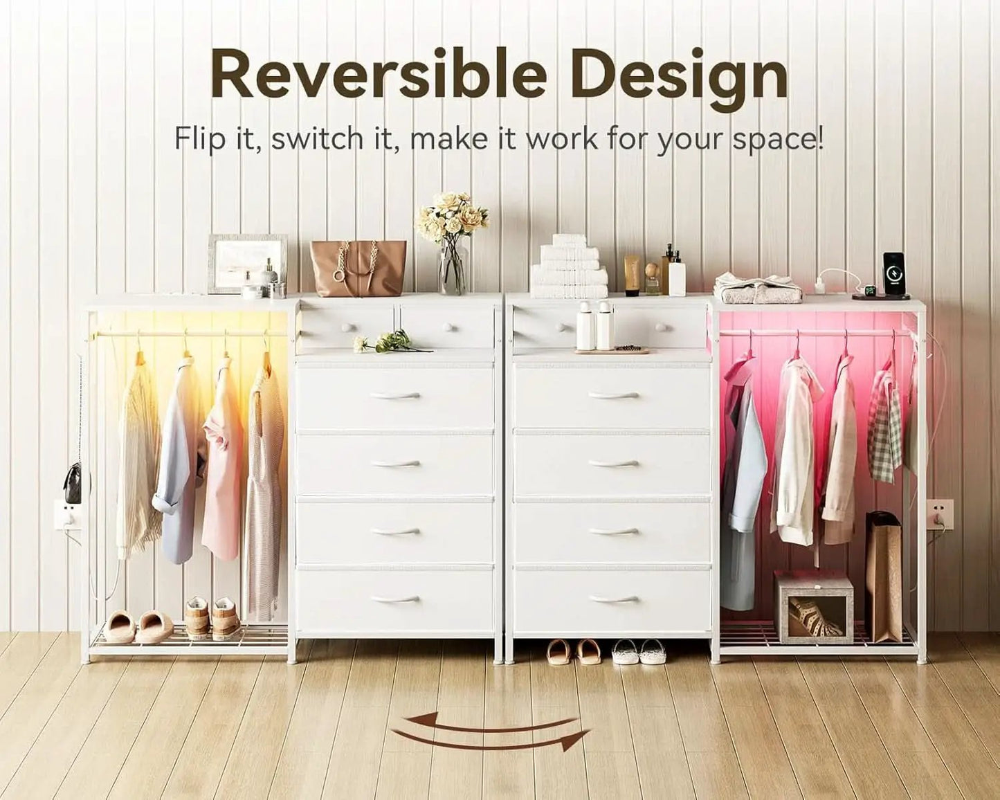 43Inch White Dresser With Hanging Rack AmbientLEDLighting from PriceLows™
