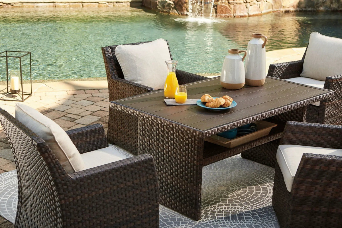 Easy Isle Multi-Use Table | Dark Brown And Beige | All-Weather Resin Wicker | Rust-Free Aluminum Frame