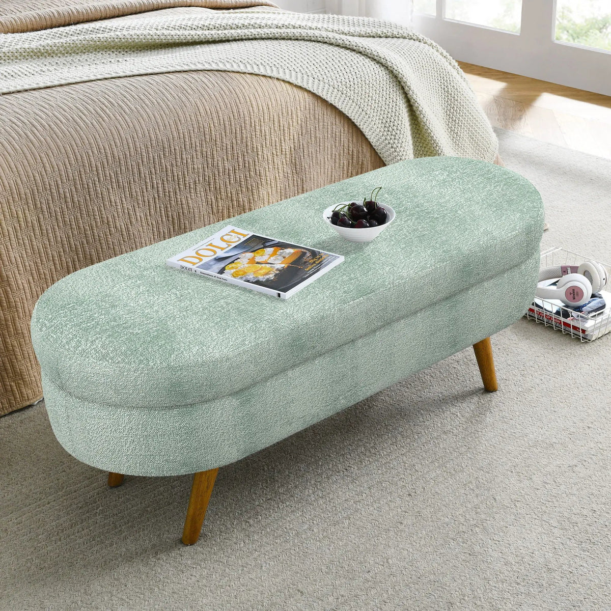 Oval Storage Ottoman Bench | Rubber Wood Legs | Pleated Dark Fabric | Footstool Or Extra Seating