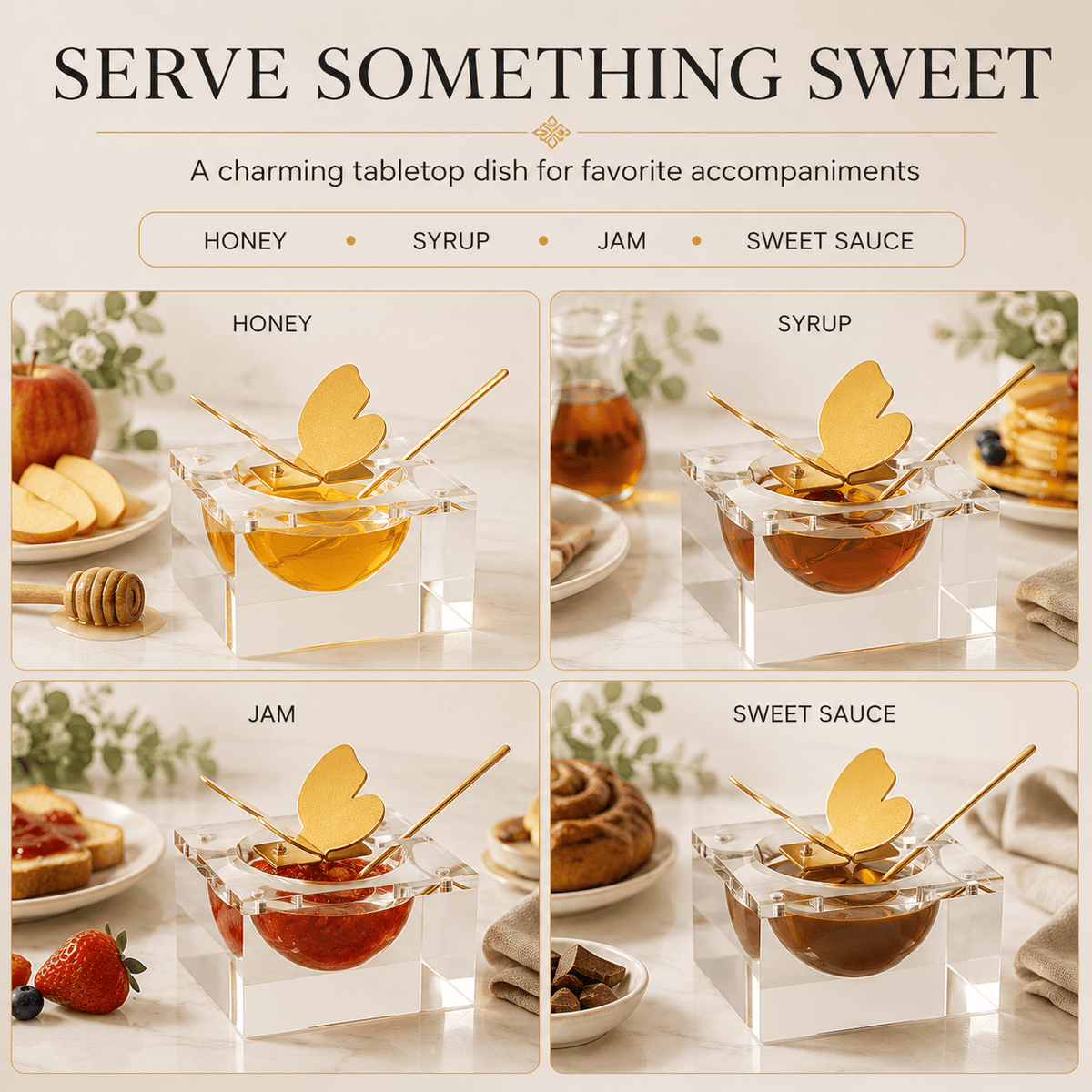 Butterfly Honey Dish with Gold Spoon Clear Glass Sweet Dessert Bowl | Glass | Serveware | Entertaining