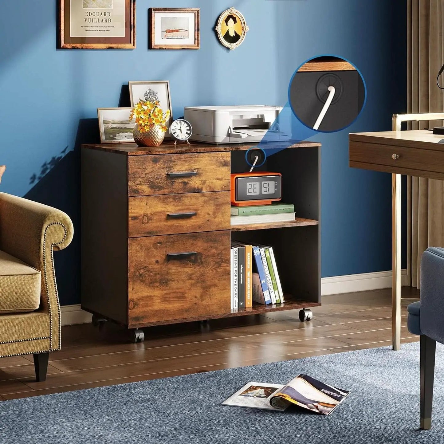 Rustic Brown 3 Drawer Mobile File Cabinet With Open Shelves Printer Stand For Home Office from PriceLows™