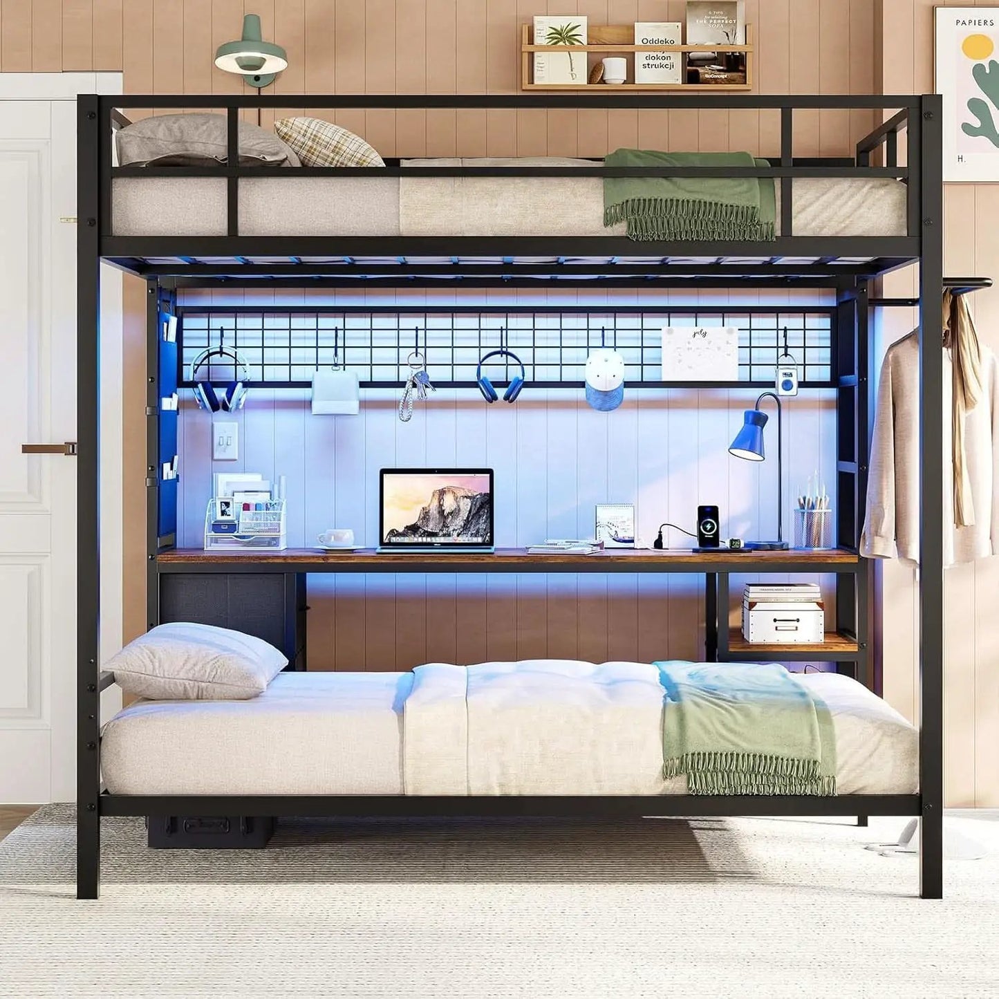 Black Full Over Twin Metal Bunk Bed With Desk LED Lights from PriceLows™