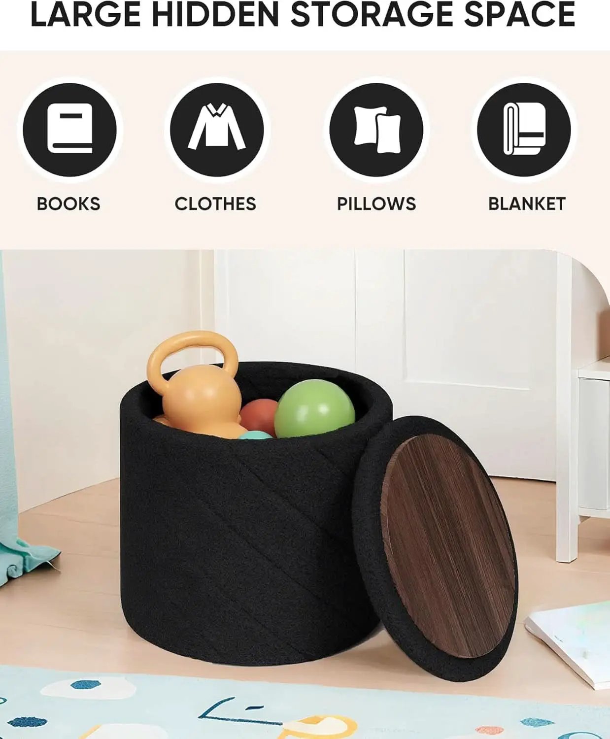 Luxurious Black Boucle Storage Ottoman 12 In Diameter Tray from PriceLows™