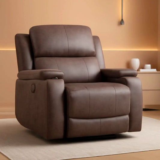 Grey Full Grain Leather Manual Recliner With Cup Holders from PriceLows™