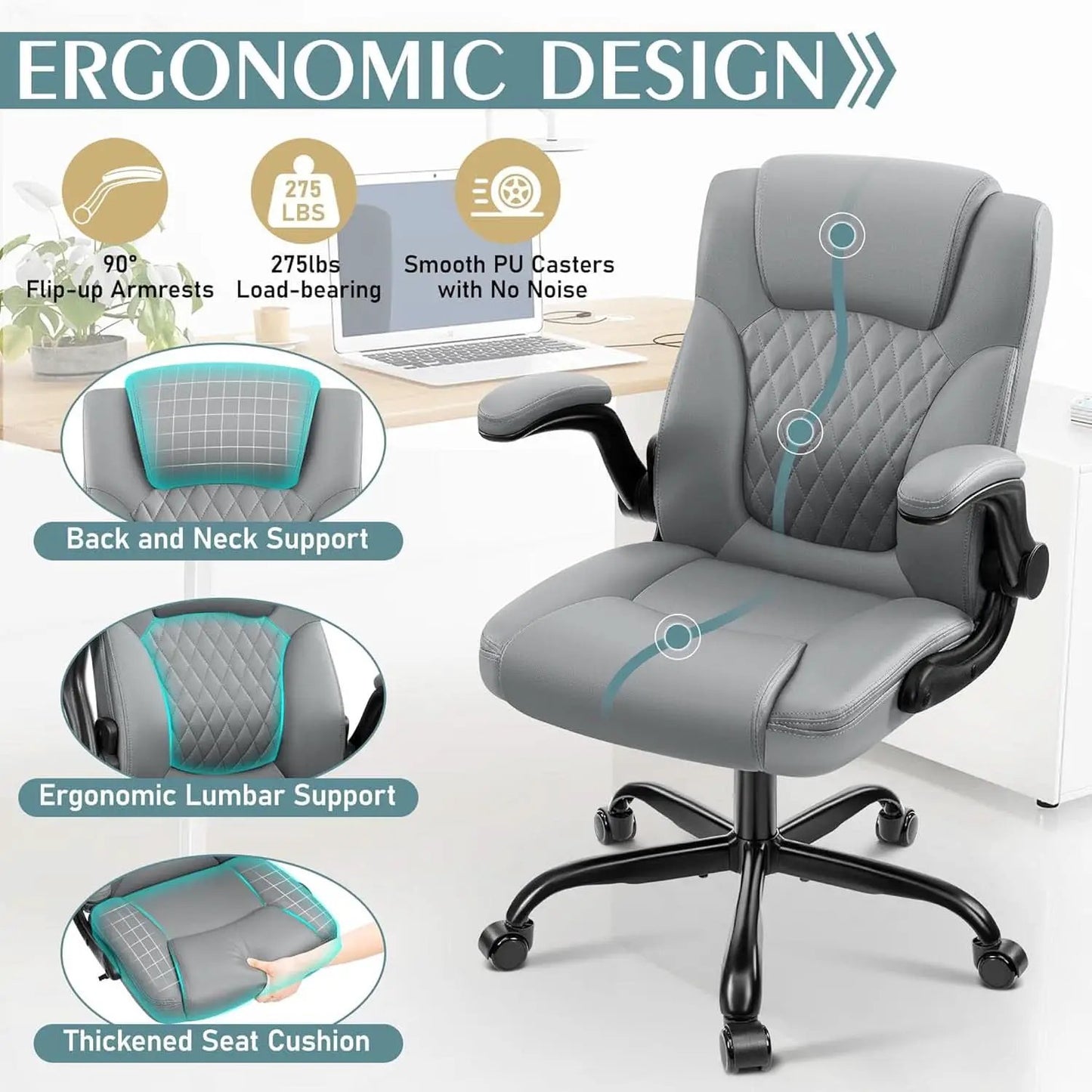 Gray PU Leather Office Chair With Ergonomic Back Support from PriceLows™