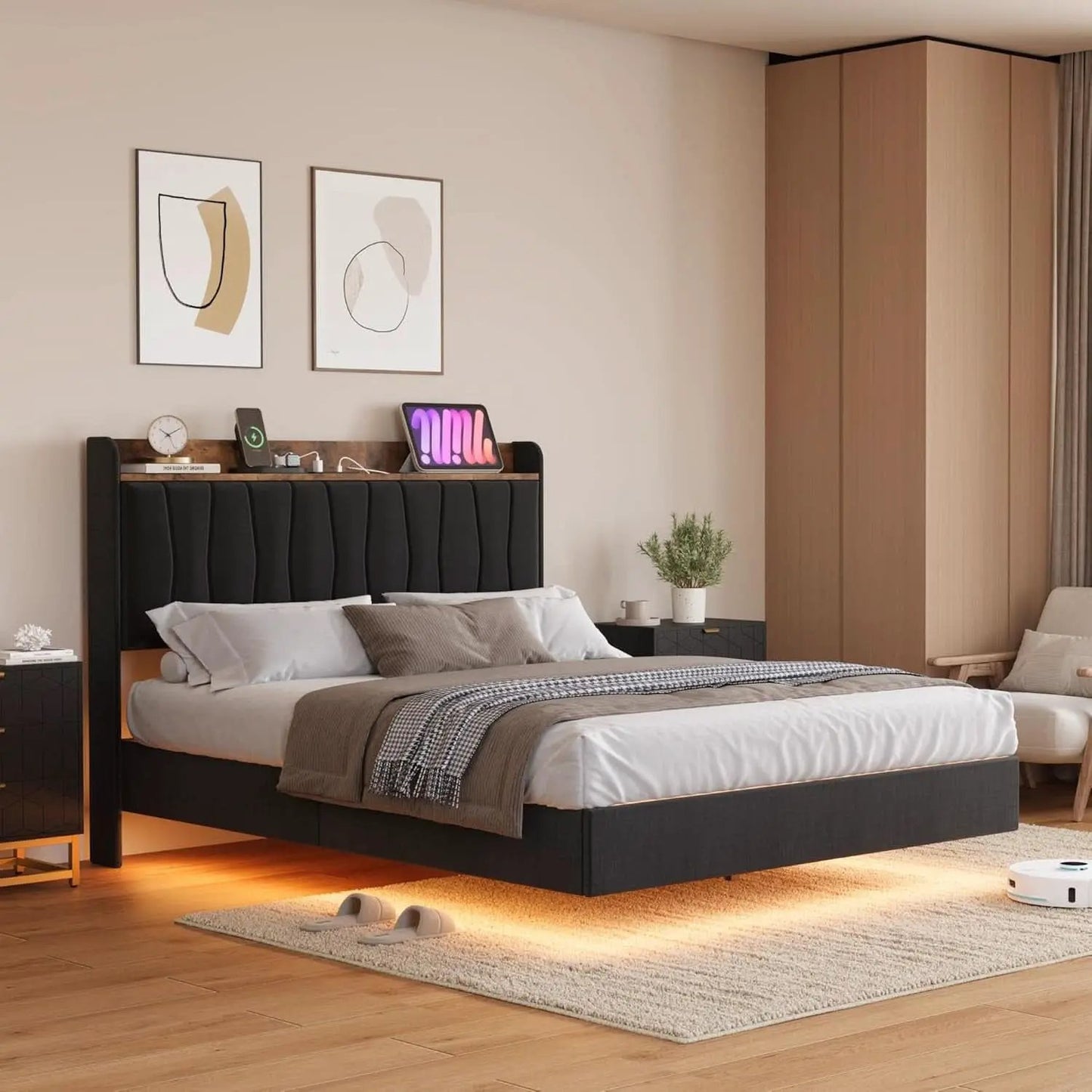 Black Floating Full Bed Frame With Storage Headboard from PriceLows™