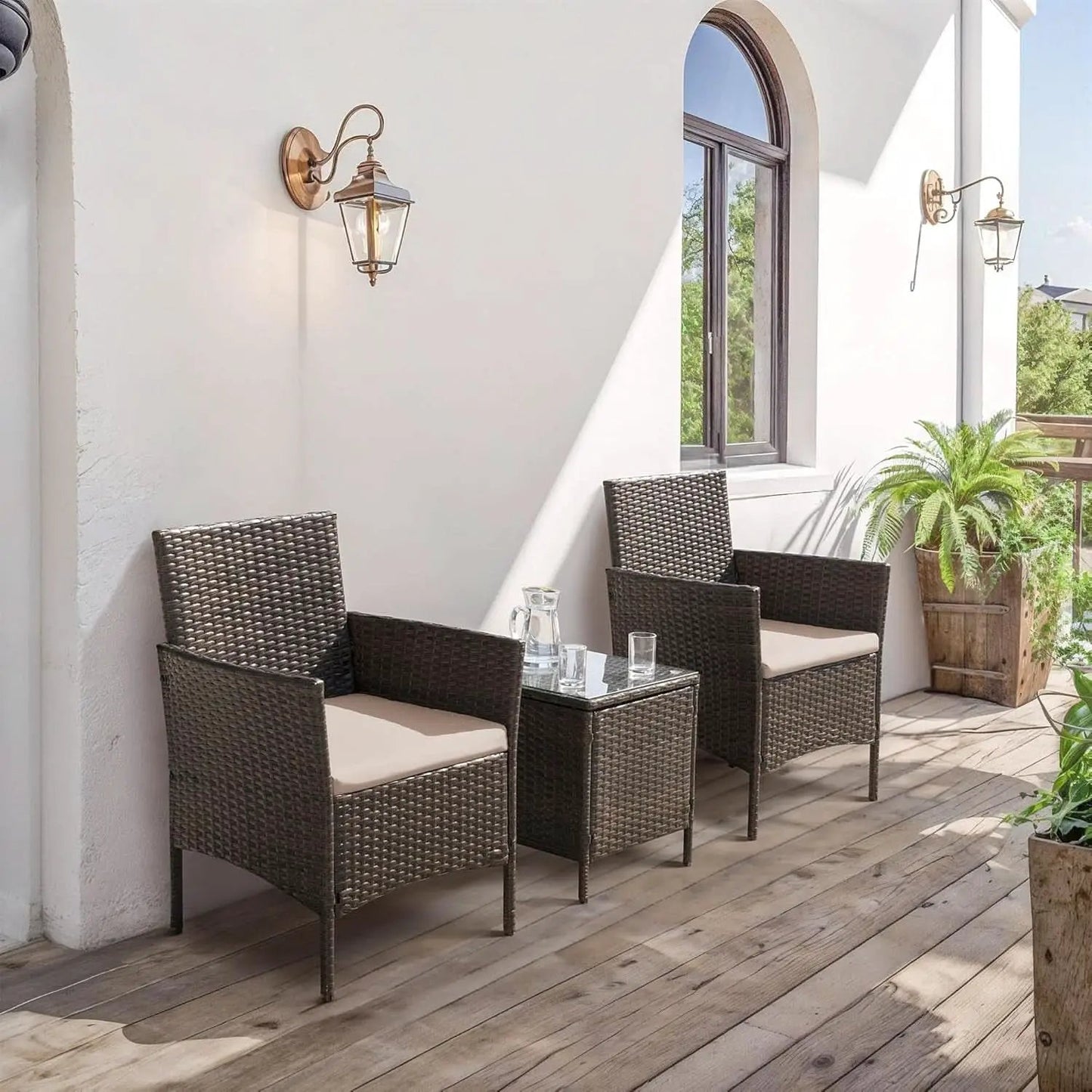 Patio Set 3 Piece All Weather Rattan Glass Table Brown from PriceLows™