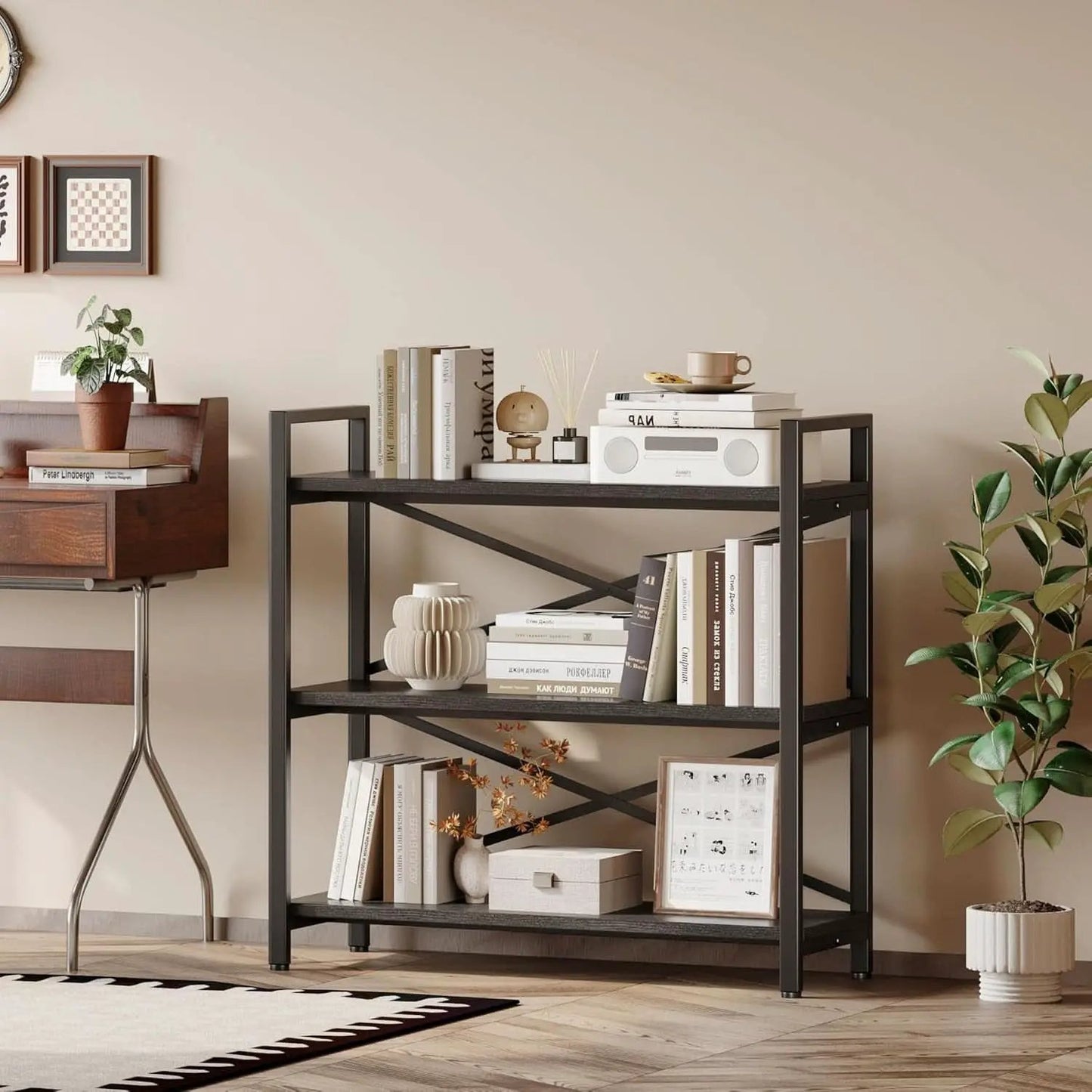 3 Tier Bookshelf 31 Inch Width Wood And Metal Etagere Black from PriceLows™