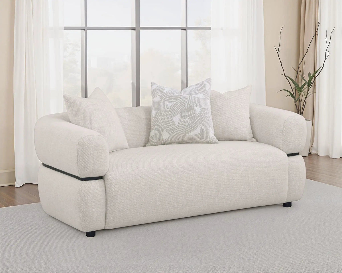 Jeanette 73-inch Fabric Upholstered Round Arm Loveseat | 72.75 x 37 x 28 in | Solid Wood & Fabric | Beige