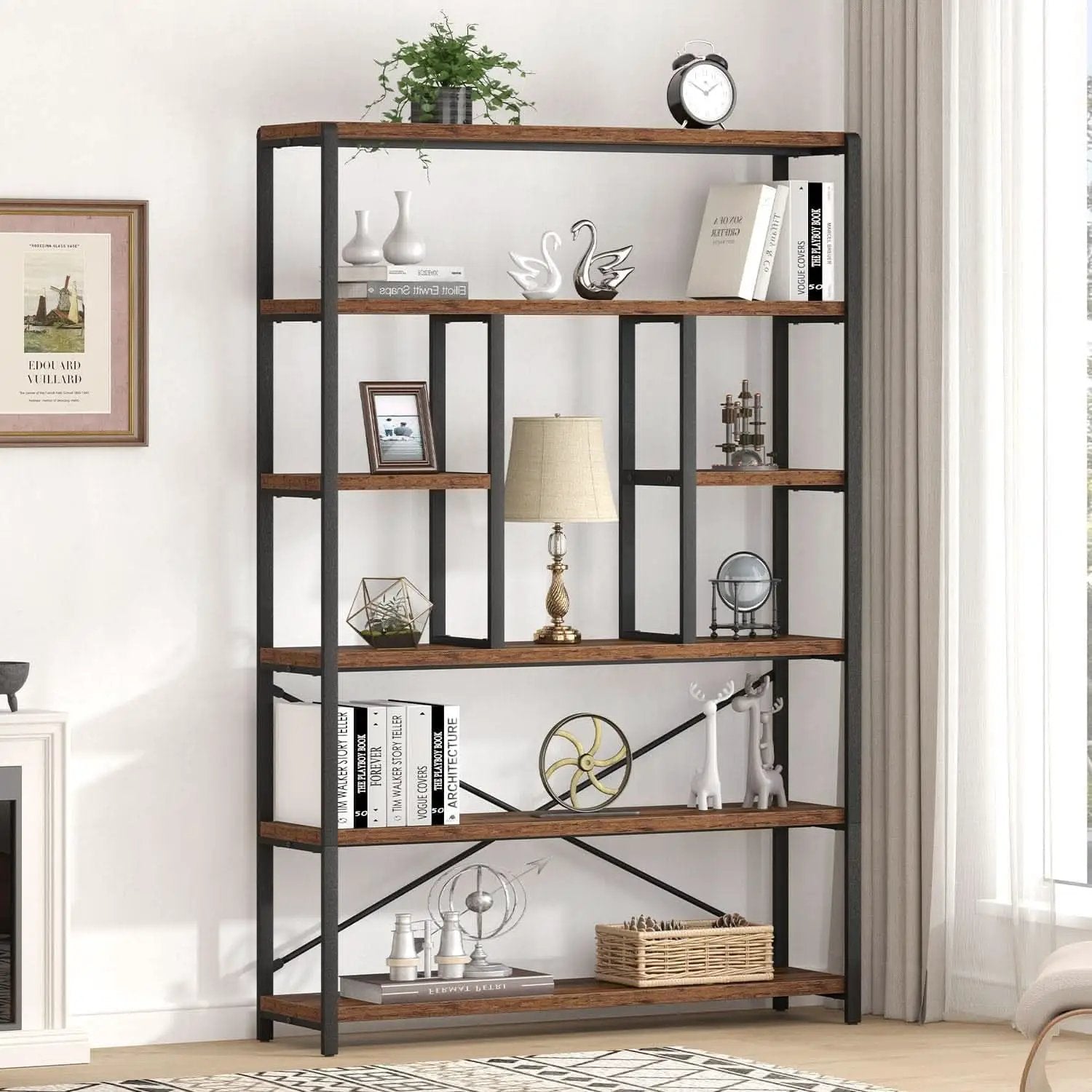 Rustic Industrial 6 Tier Bookcase Brown Wood Black Metal from PriceLows™
