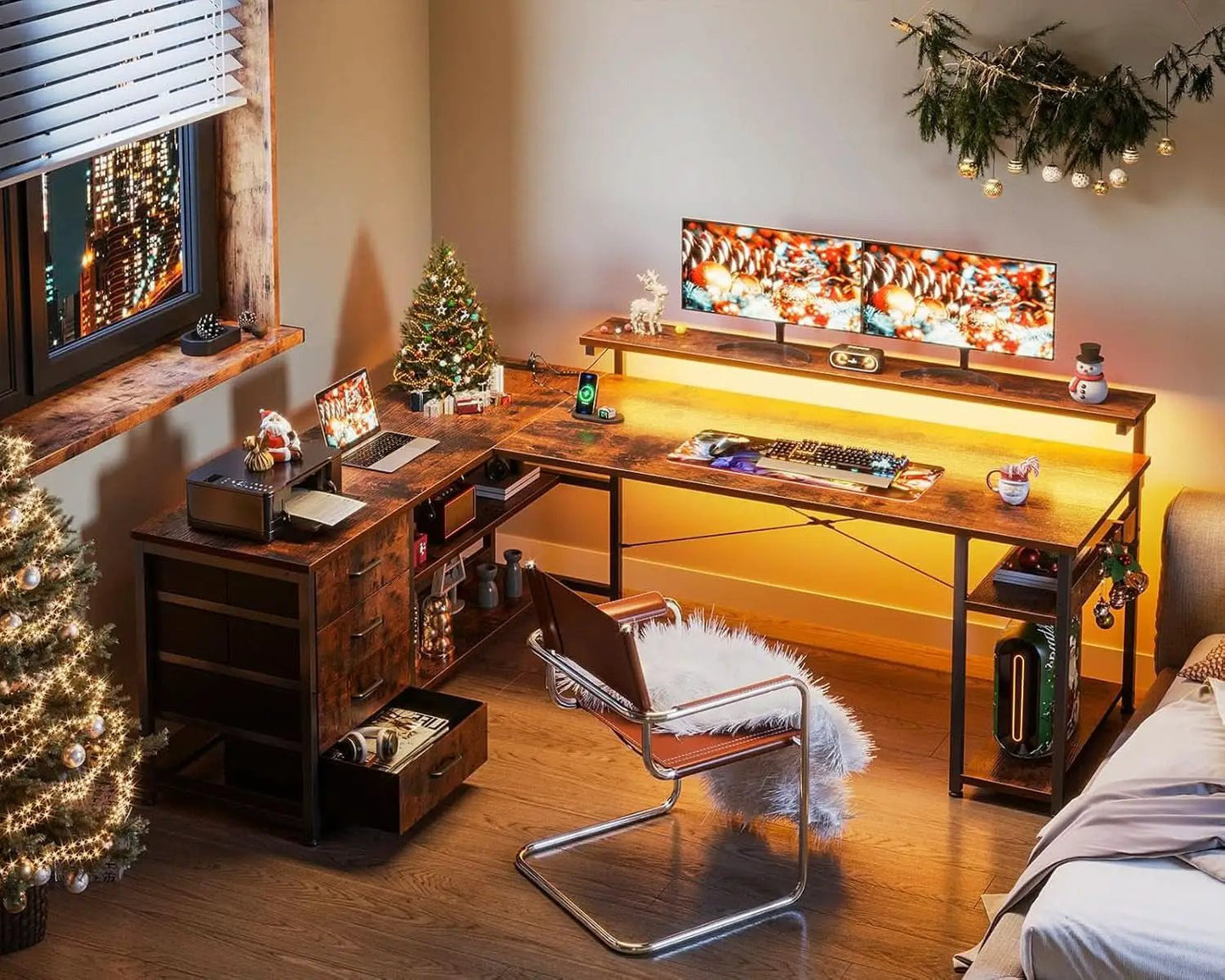 61 Inch L Shaped Desk With Power Outlets And LED Lights from PriceLows™