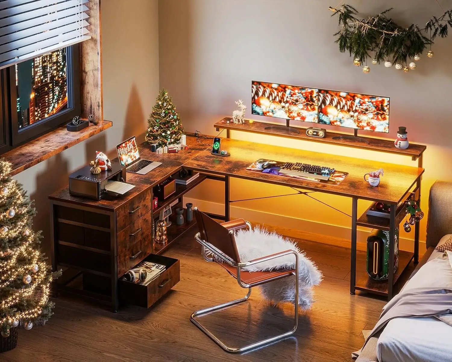 61 Inch L Shaped Desk With Power Outlets And LED Lights from PriceLows™