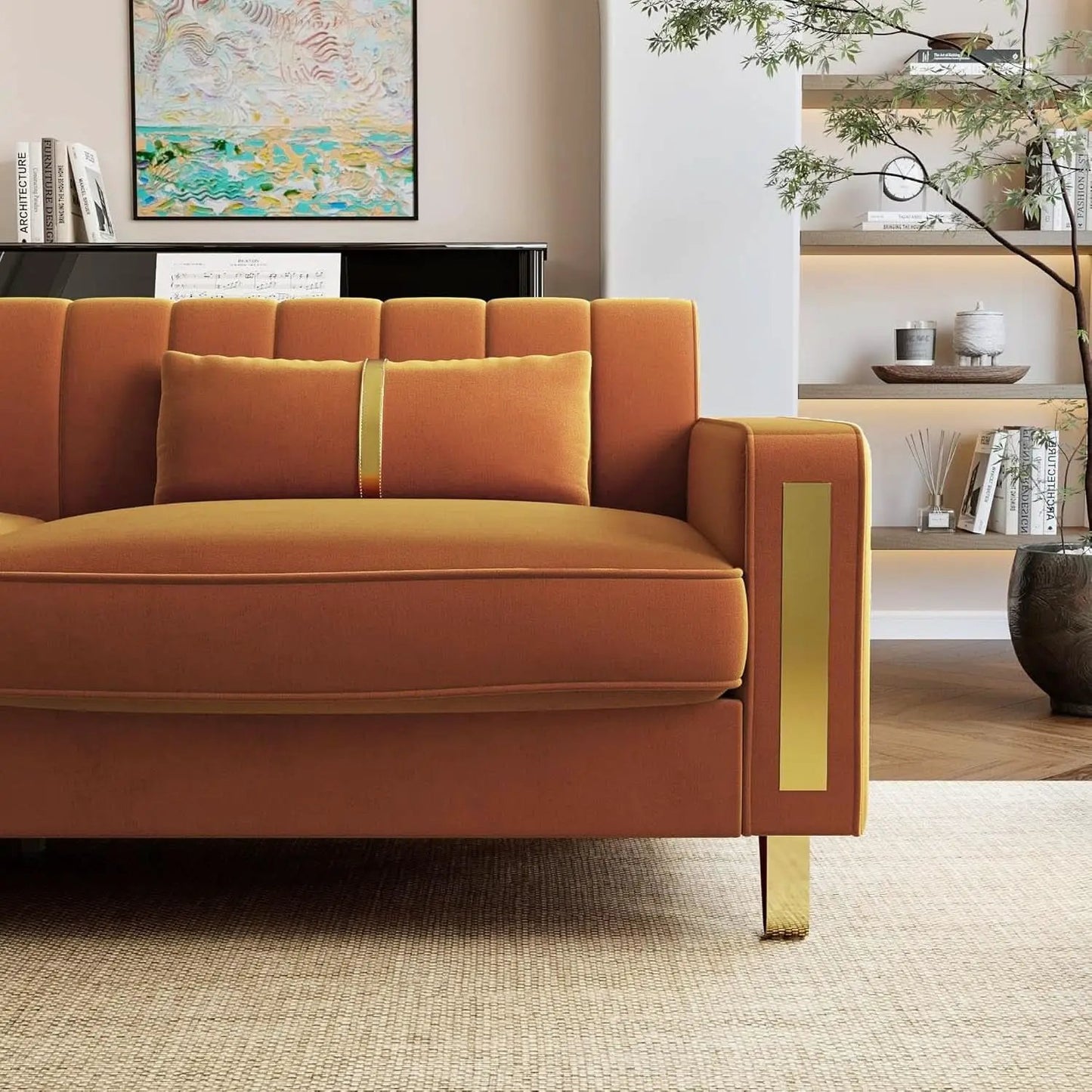 2 Piece Orange Velvet Loveseat Couch Set With Gold Metal Legs 86 Inch Living Room Sofa With 4 Pillows from PriceLows™