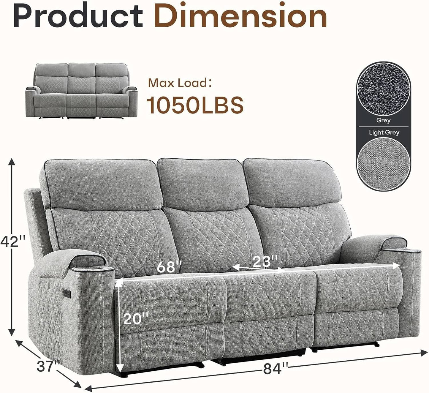 Electric Recliner Sofa USB Type C Ports Light Grey from PriceLows™