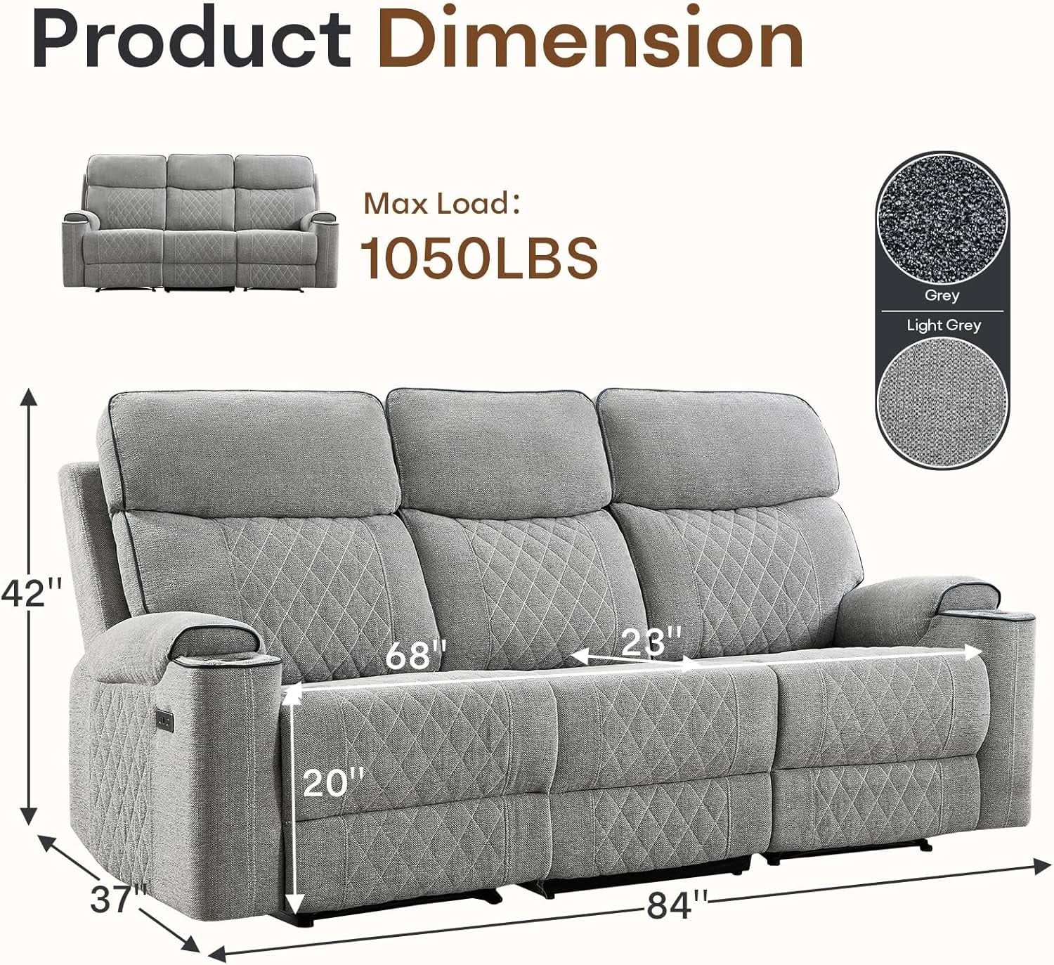 Electric Recliner Sofa USB Type C Ports Light Grey from PriceLows™