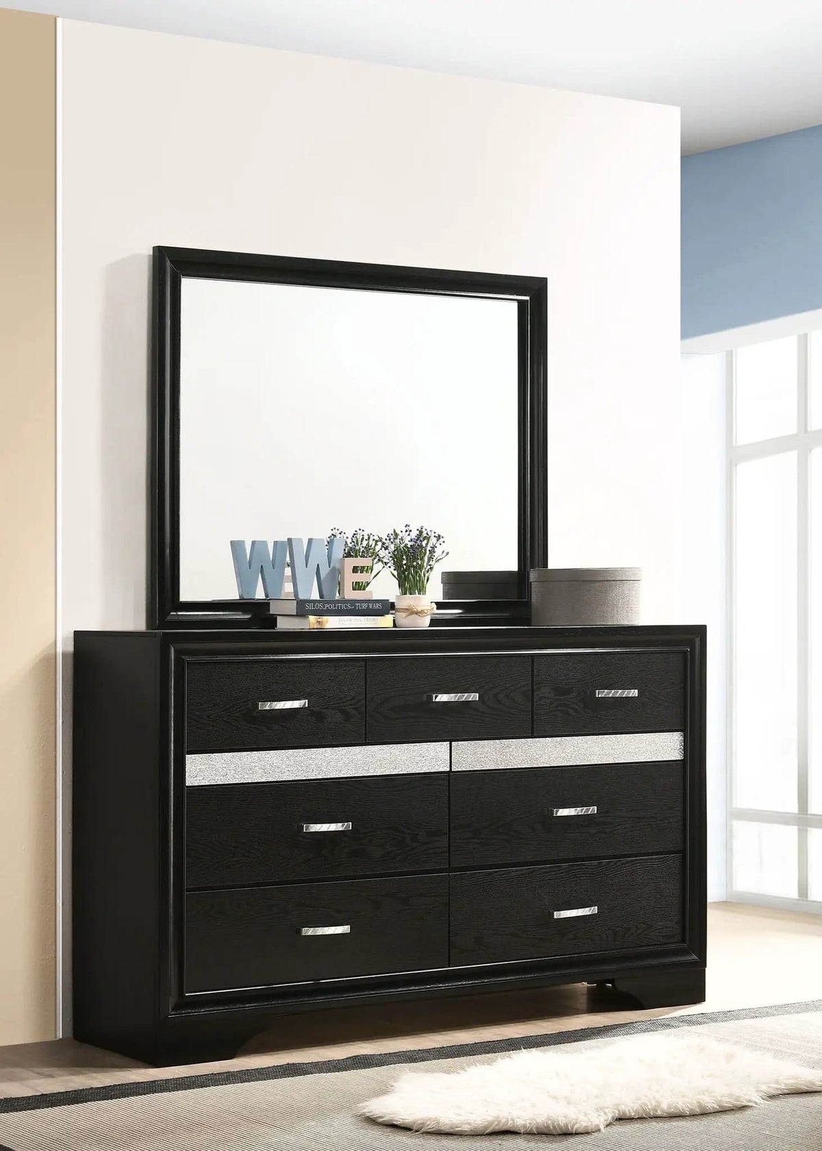 Miranda 7-drawer Dresser with Mirror | 63 x 16.5 x 75.25 in | 7-Drawer | Black