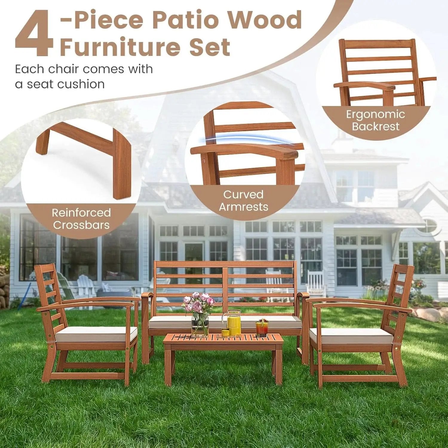 Acacia Wood Outdoor Conversation Set With Cushions White from PriceLows™