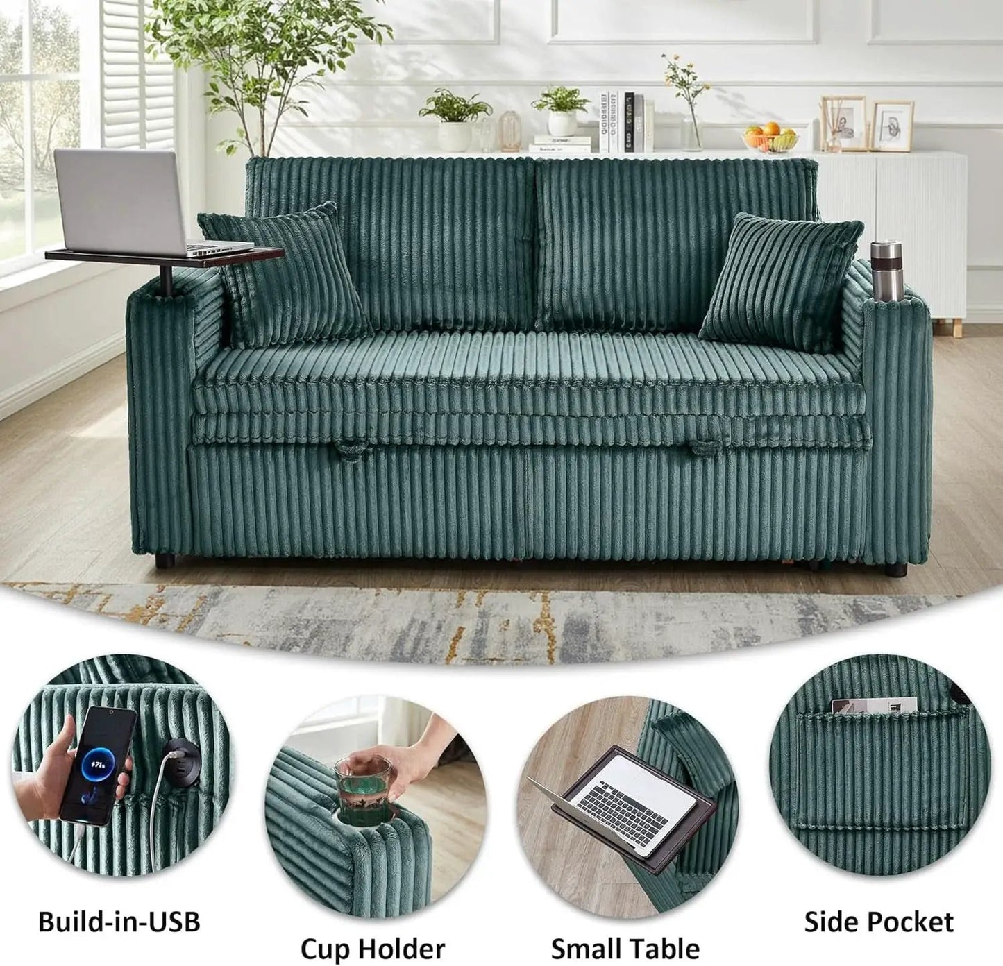 65Inch Sleeper Sofa Bed CorduroyFabric Emerald Green from PriceLows™