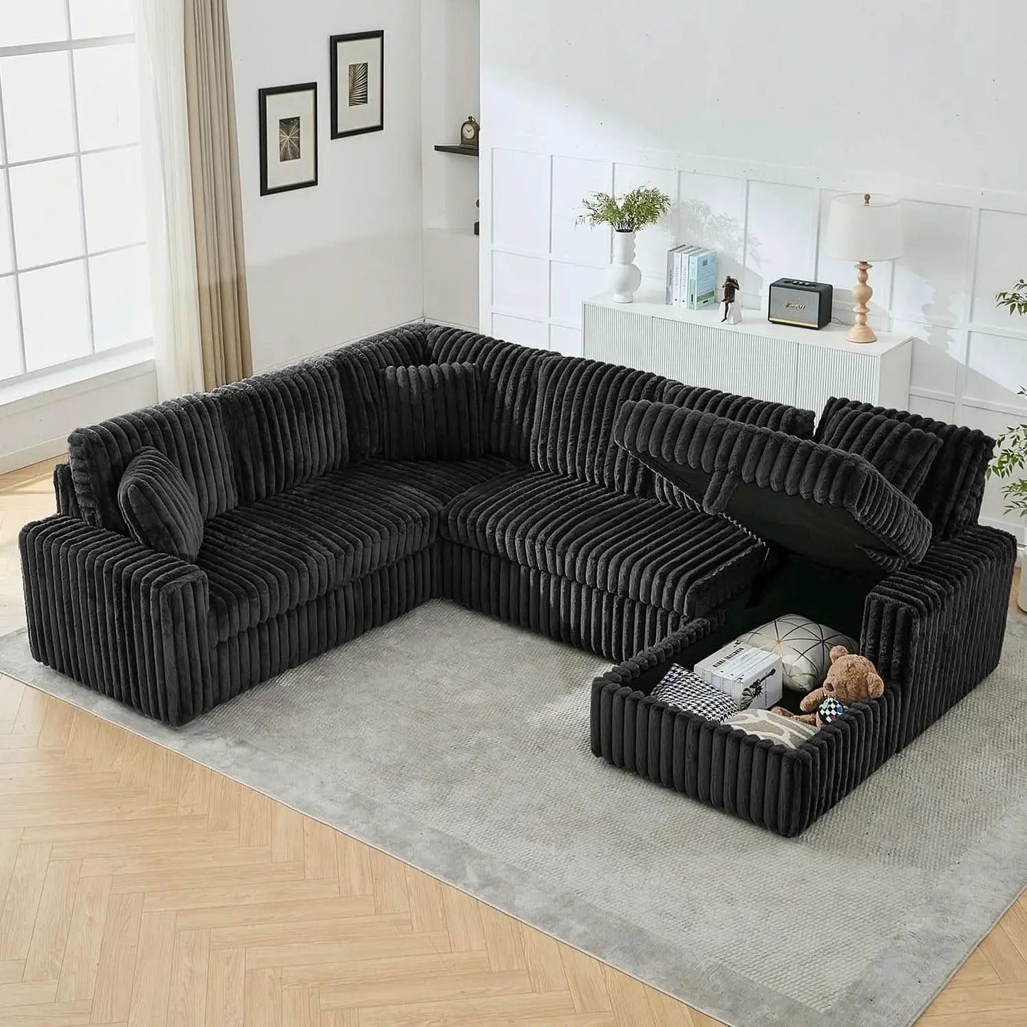 Black 122Inch U Shaped Sleeper Sectional USB Charging Ports from PriceLows™