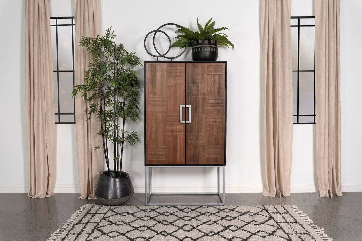 Borman 2-door Home Bar Cabinet Wine Storage Walnut and | 36 x 18 x 63.5 in | Mango Wood & Walnut | Black