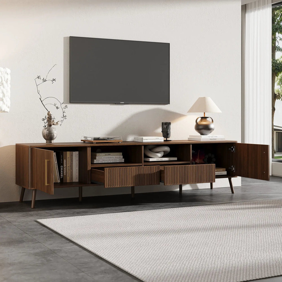 TV Stand | Soft Close Doors | 85 Inch Capacity | Walnut