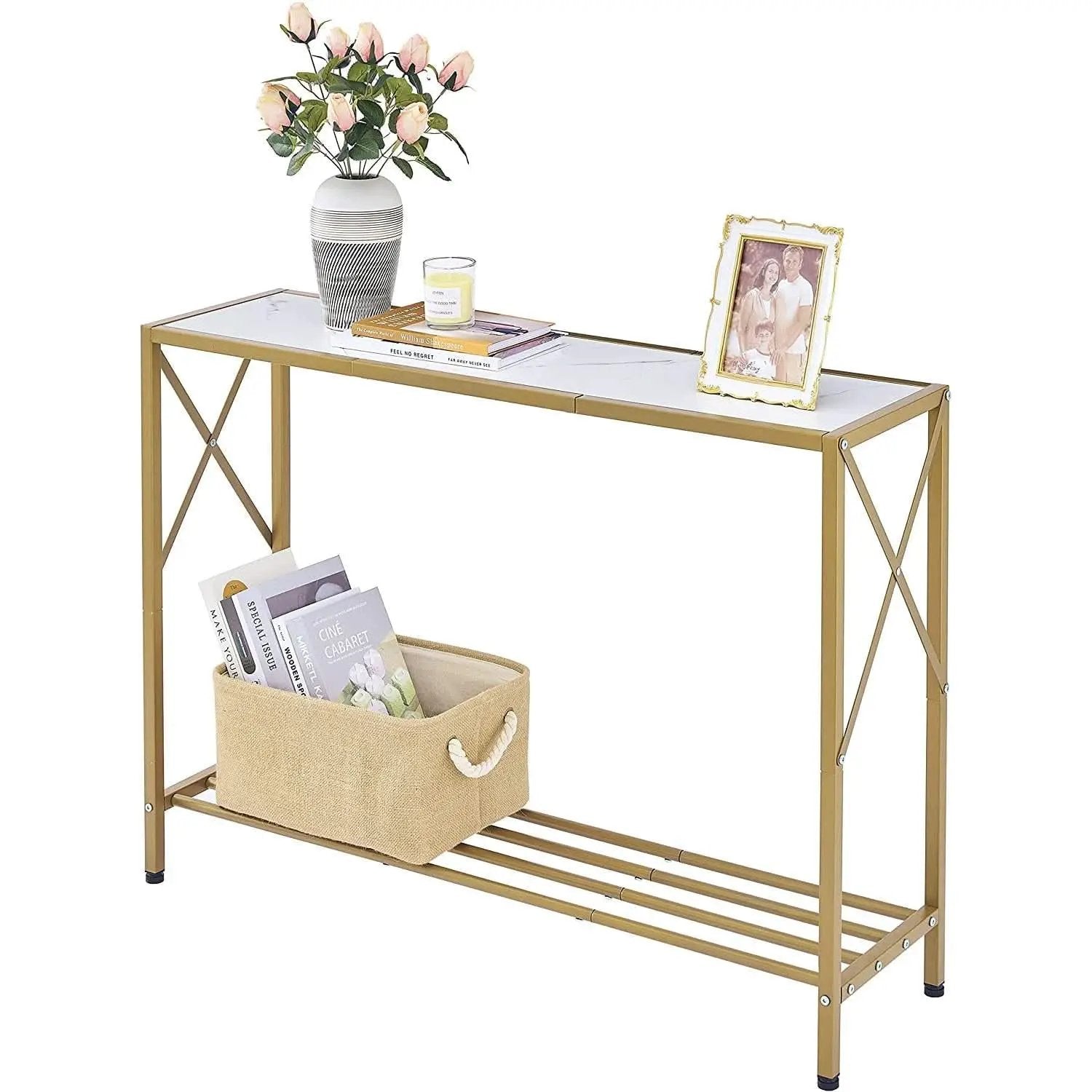 Gold And White Narrow Console Table With Shelves 41 Inch Long from PriceLows™