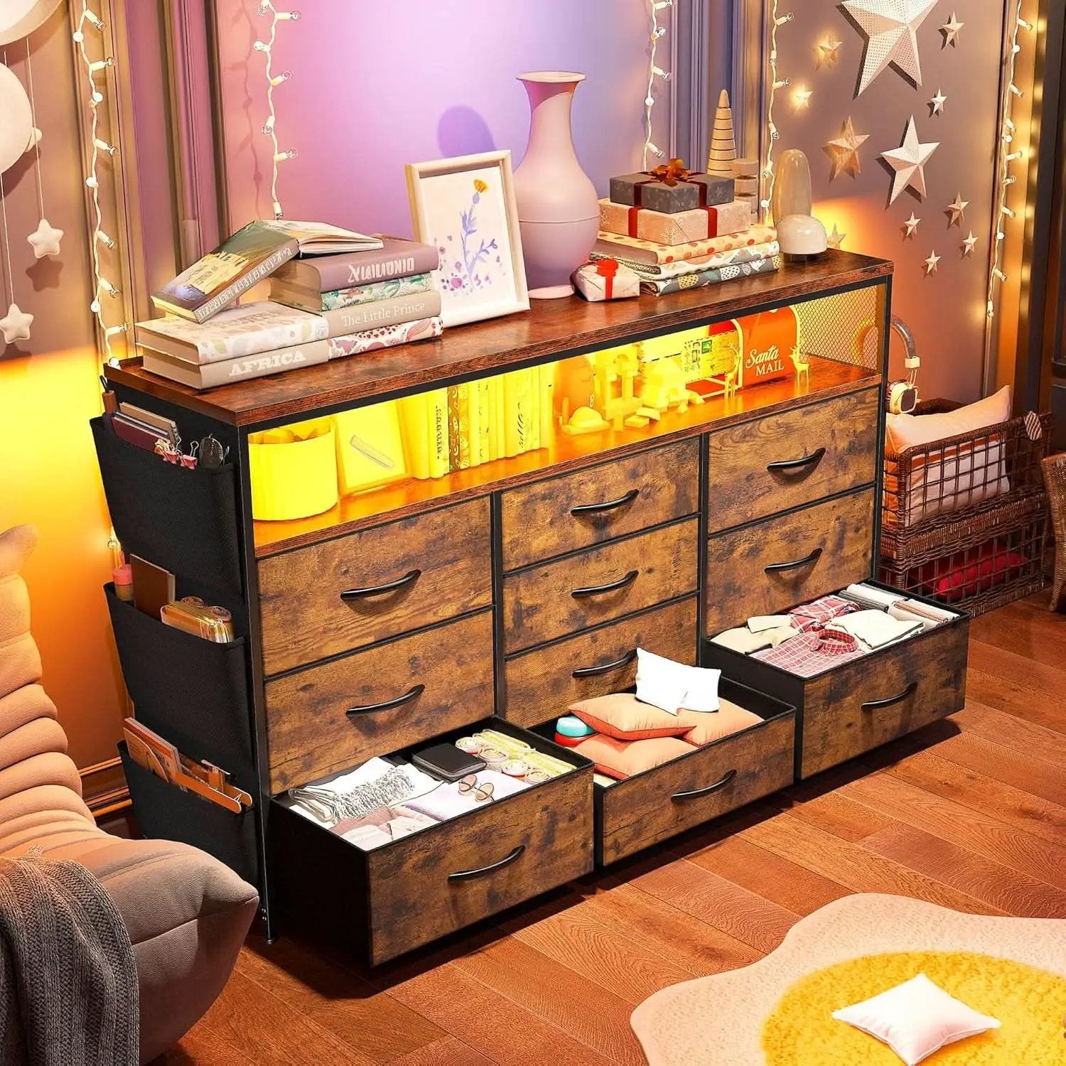 Dresser TV Stand 55 Inch 10 Drawers Rustic Brown Storage from PriceLows™