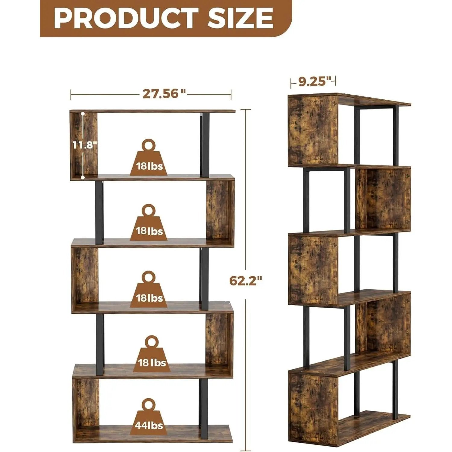 5-Tier S Shaped Bookcase In Rustic Brown Wood Shelving from PriceLows™