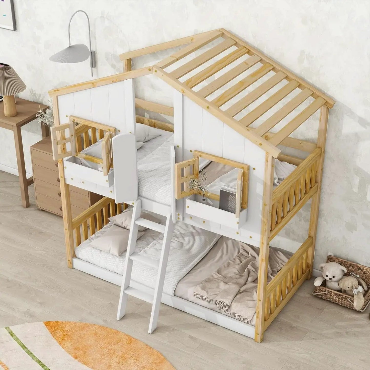 Natural Wood Twin Over Twin House Bunk Bed With Roof from PriceLows™