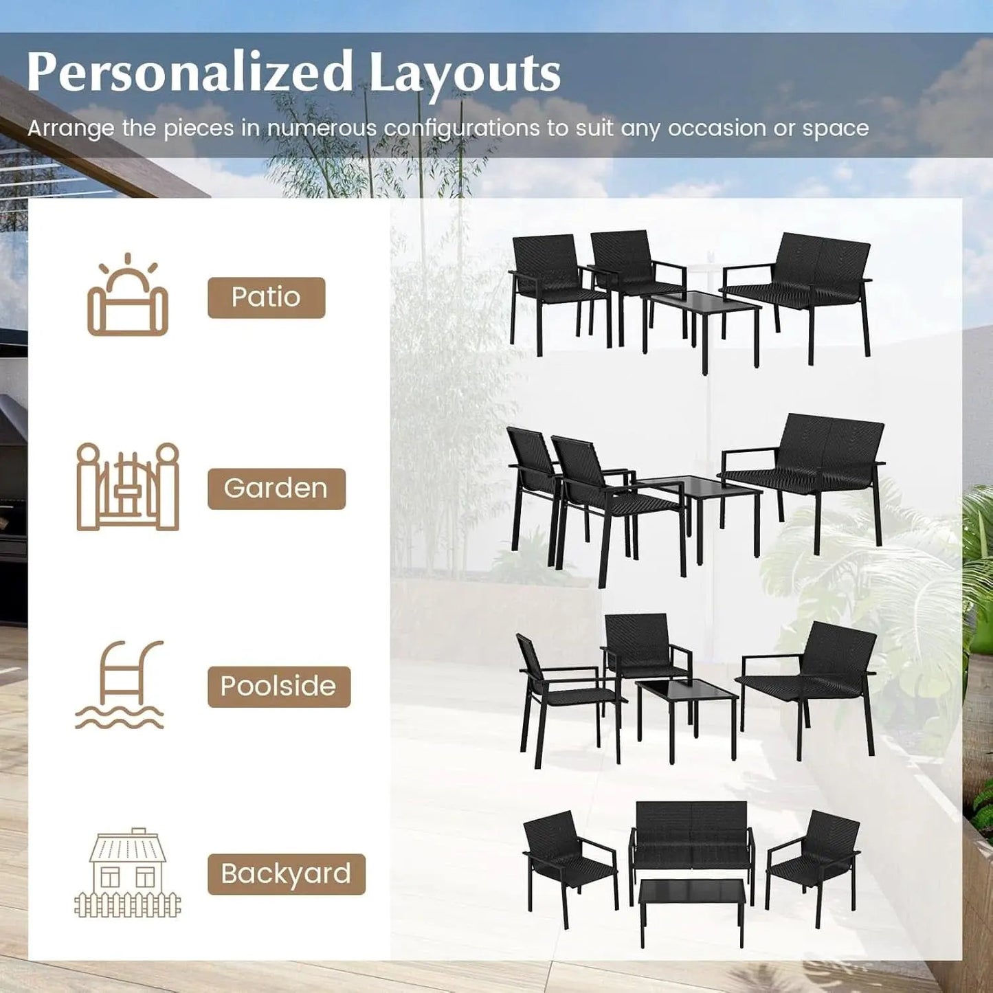 4 Piece Wicker Patio Conversation Set Black Coffee Table from PriceLows™