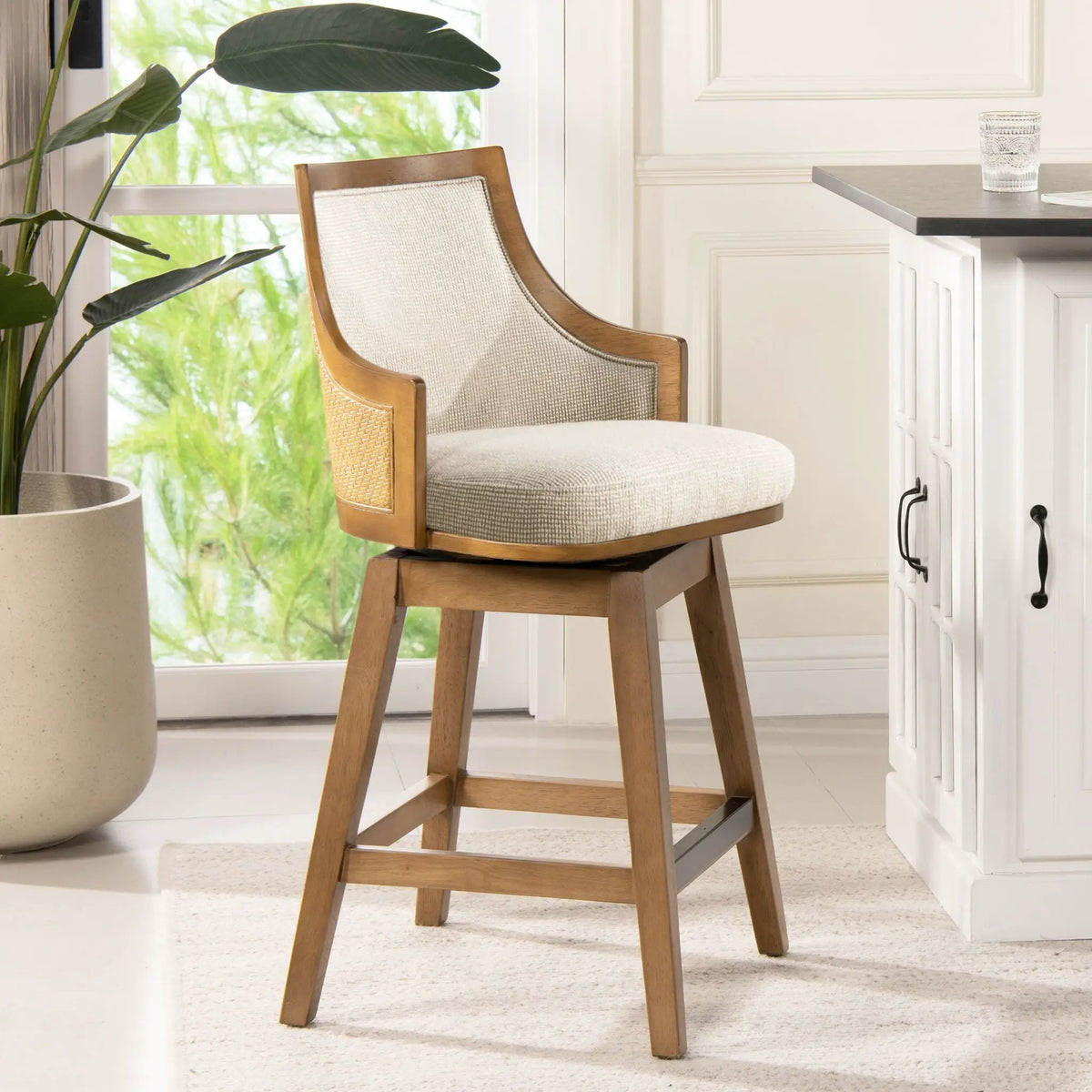 Bahama Swivel Counter Stool | Taupe Beige | Cane High Back | Recessed Arms
