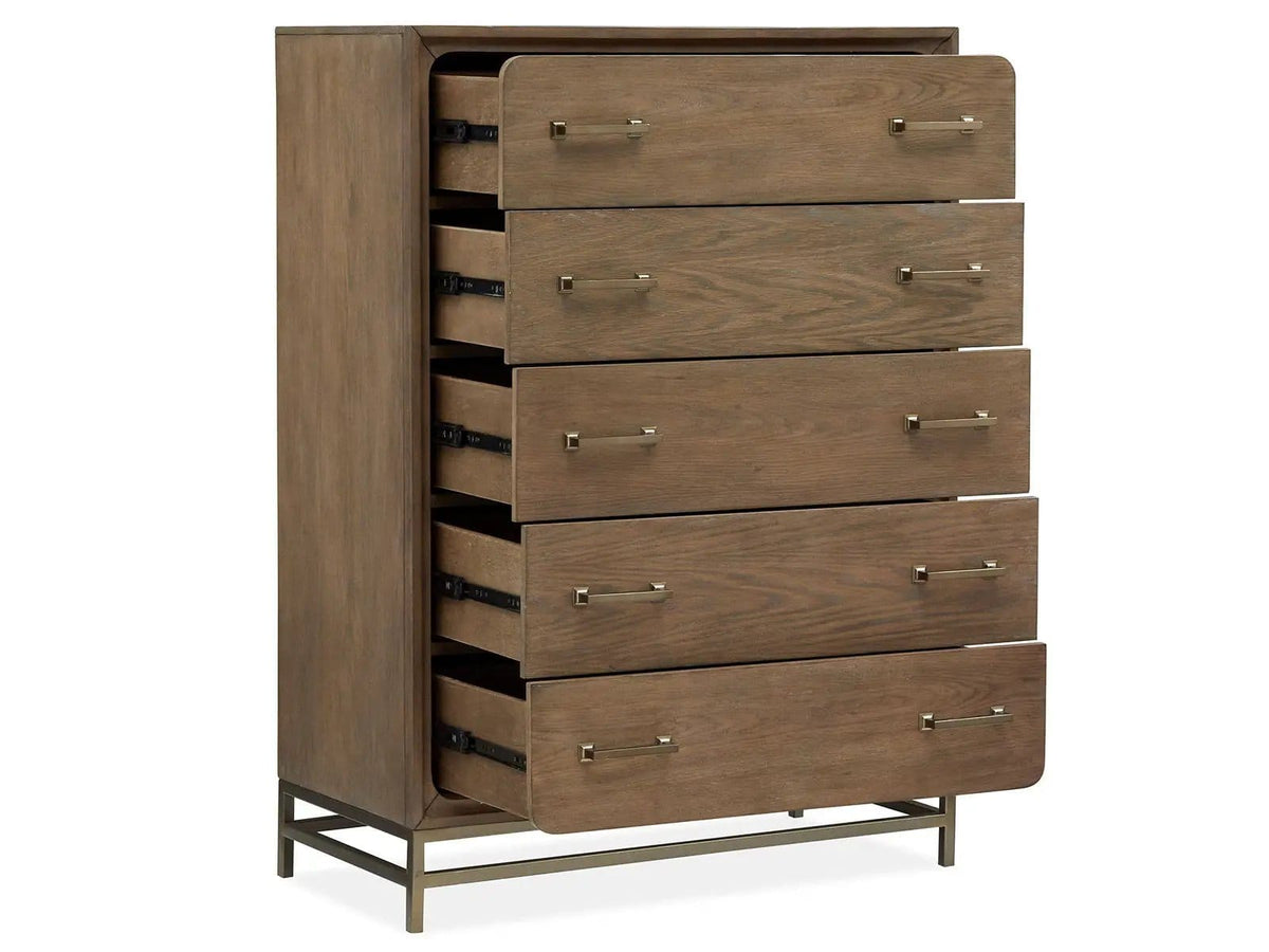 Lindon Drawer Chest | 18 x 38 x 52 in | Oak Veneer & Metal | Belgian Wheat