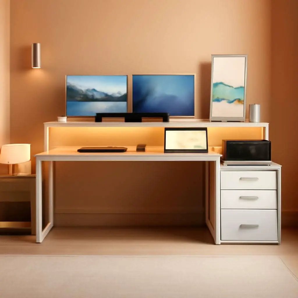 67 nch White Walnut Computer Desk With LED Lighting from PriceLows™