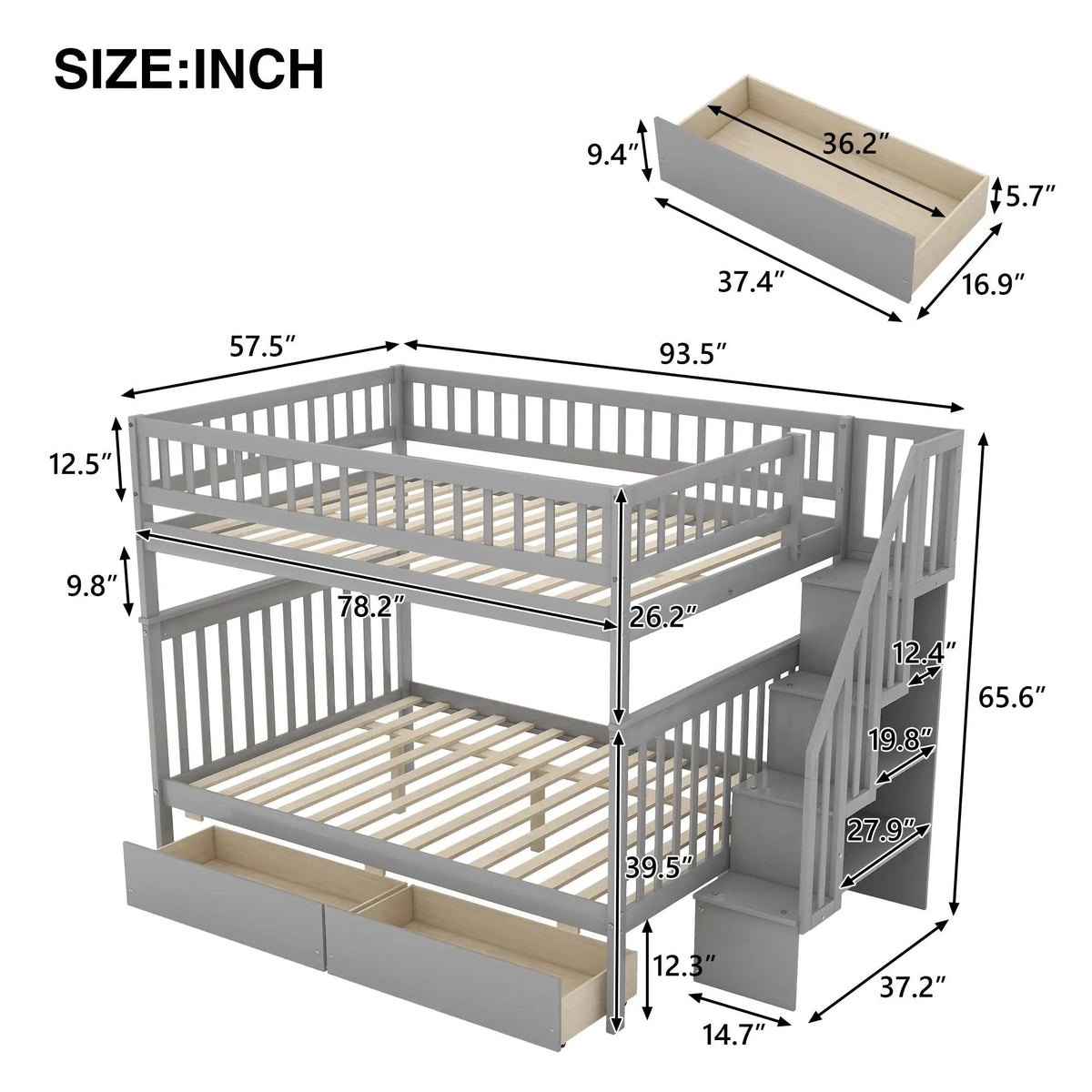 Twin Over Full Bunk Bed | Built In Staircase | Steel Frame